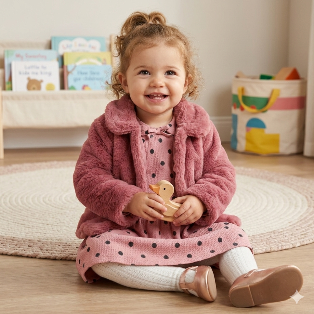 E07969A: Baby Girls Faux Fur Jacket & Polka Dot Dress (9-24 Months) E07969A: Baby Girls Faux Fur Jacket & Polka Dot Dress (9-24 Months)